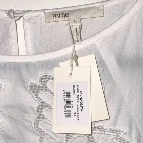 New Maje Raolita 100% Cotton Embroidered Mini Dress White S $395 - Picture 8 of 10